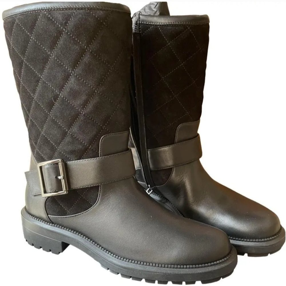 AQUATALIA 6.5 7.5 LILA BLACK LEATHER QUILTED SUEDE MOTO ANKLE BOOTS